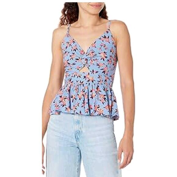Angie Women's Blue Floral Twist Front Peekaboo Cutout Tank Top Smock Back Small - Picture 1 of 8